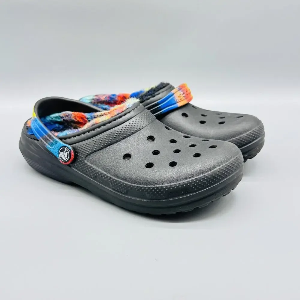 Crocs Shoes Kids 4 Black Classic Lined Clog Spray Tie Dye Fuzzy Warm Plush